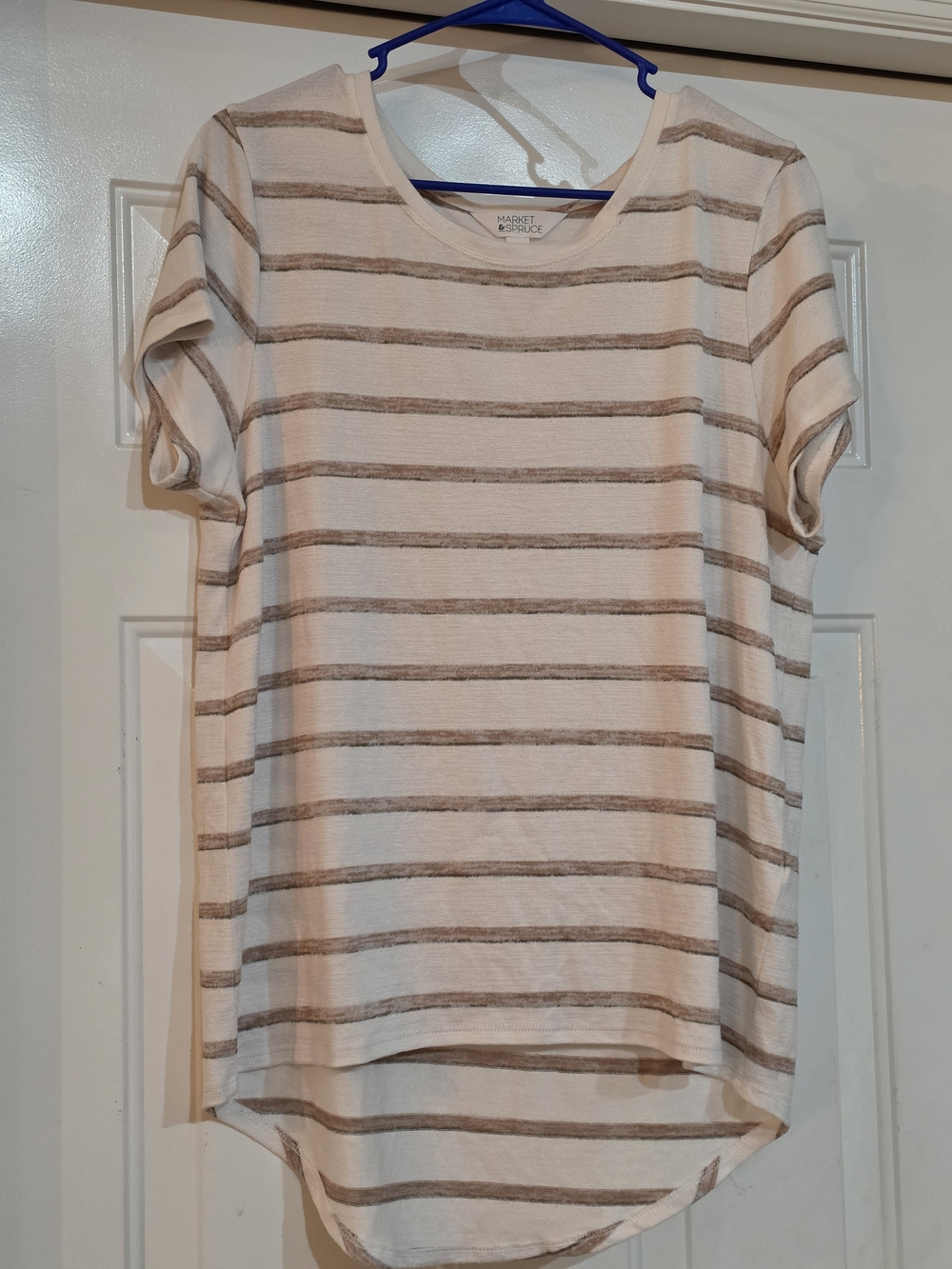 Market & Spruce White and Tan Striped Short-Sleeve Top